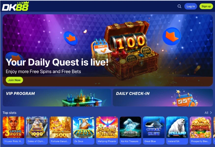 DK88 Malaysia homepage banner announcing the Daily Quest is live with a Join Now button