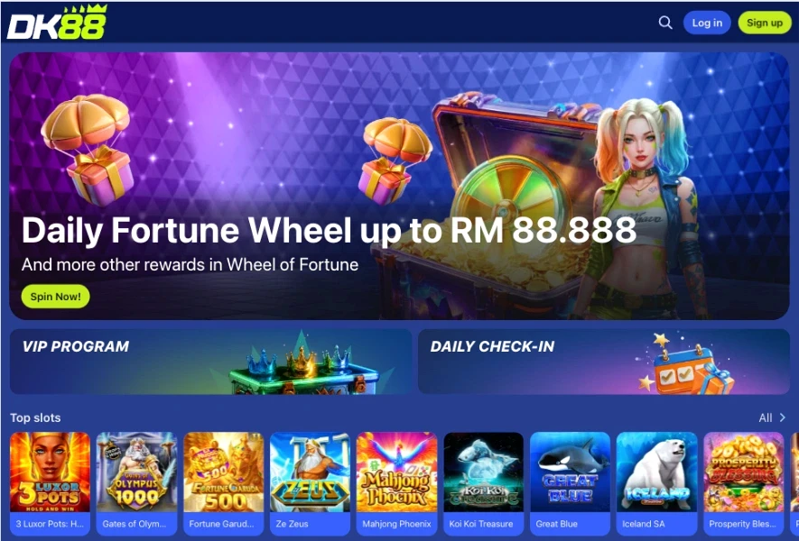 DK88 Malaysia homepage banner for the Daily Fortune Wheel offering up to RM 88,888 with a Spin Now button
