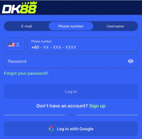 DK88 Malaysia sign-in screen with username, password fields and Google sign-in option