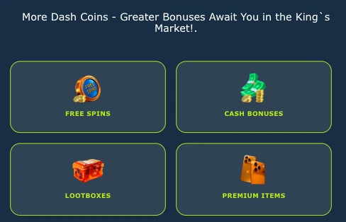 DK88 Malaysia King's Market screen listing Free Spins, Cash Bonuses, Lootboxes and Premium Items redeemable with Dash Coins
