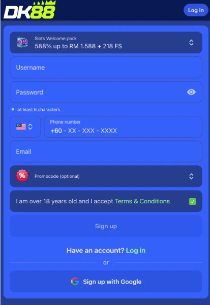 DK88 Malaysia account side menu open after logging in, showing dashboard navigation links