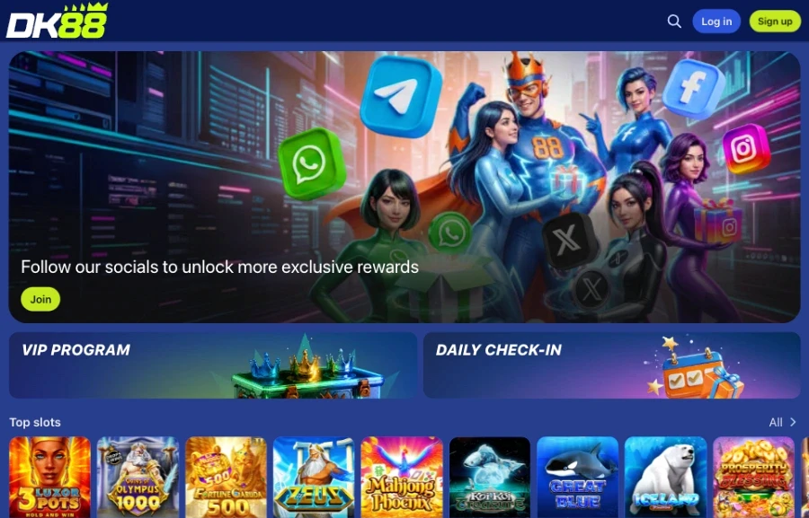DK88 Malaysia homepage top bar showing the Log in and Sign up buttons above a social channels follow banner