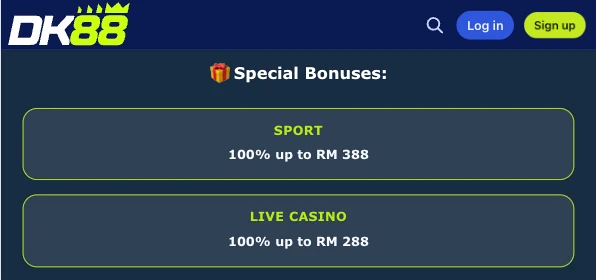 DK88 Malaysia homepage top bar with the Sign up button above a Special Bonuses list for Sport and Live Casino