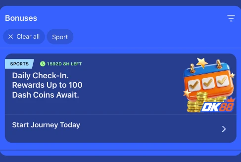 DK88 Malaysia sport bonus activation screen showing the 100% match and wagering terms