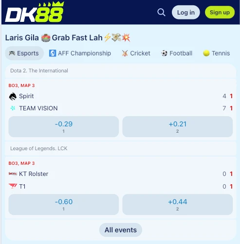 DK88 Malaysia sportsbook screen showing a football match with live odds