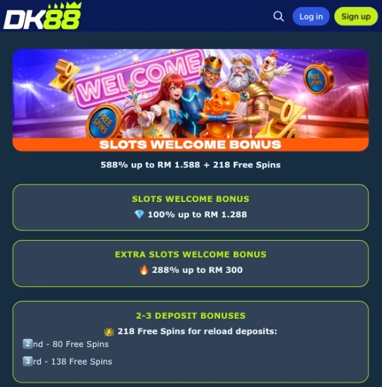 DK88 Malaysia welcome bonus screen listing the slots, sport and live casino offers in the promo section